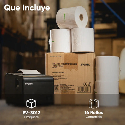 Pack De 16 Rollos De Etiquetas Térmicas Evotec Ev-3012c Para Punto De Venta Blanco