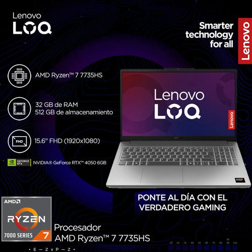 Laptop Lenovo Loq 15arp10e, 15.6 Fhd, 7 7735hs Rtx 4050 16g Gris