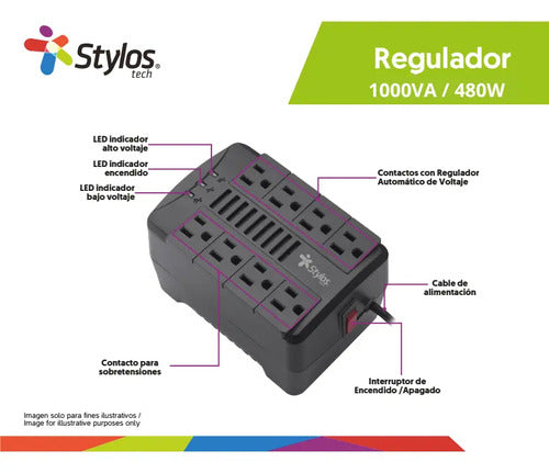 Regulador De Voltaje Stylos Stre480b 480w 1000va 8 Contactos Negro