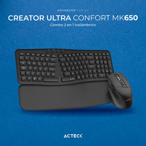 Combo 2en1 Inalambrico Actek Mk650 Ergonomico 2.4mhz 1600dpi Mouse Blanco Teclado Blanco