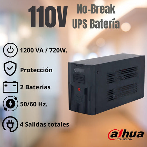Dahua Regulador No Break 1200va 720w Dh-pfm350-720-a Ups De 4 Tomas Con Bateria Respaldo Color Negro.
