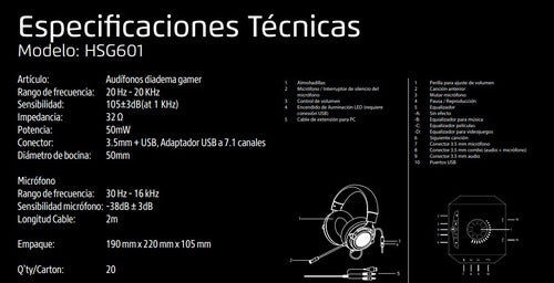 Game Factor Audífonos Gamer Hsg601 7.1, Alámbrico, 2m 3.5mm
