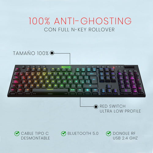 Teclado Mecánico Gamer Redragon Horus K618rgb-wireless-red S