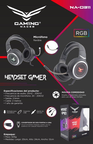 Naceb Audífonos Gamer Na-0311, Alámbrico, 2 M, Negro
