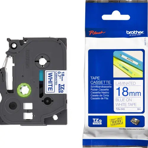 Cinta Adhesiva Brother Tze-243 De 18 Mm, Color Azul/blanco Azul