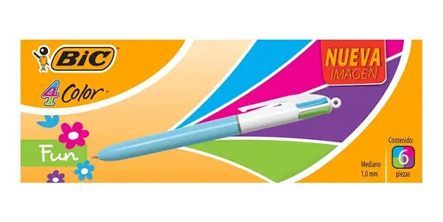 Caja De 6 Plumas Bic 4 Color Fun Bolígrafo Punto Mediano Blanco Varios Colores