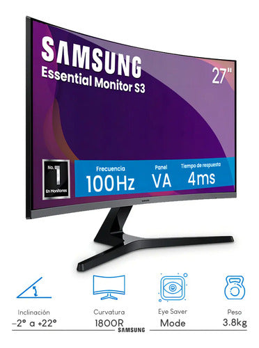 Monitor Samsung Essential S3 27 Curvo Fhd 100hz Hdmi Vga Ls27d390galxzx Negro