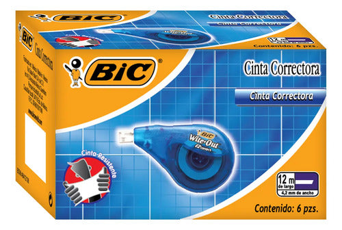 Cinta Correctora Blanca 12 M X 4.2 Mm Bic Con Cuerpo Azul 6 Piezas