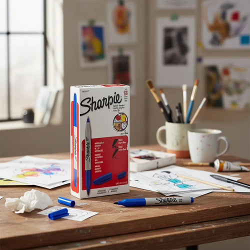 Marcador Permanente Sharpie Doble Punta Caja Con 12 Piezas Azul
