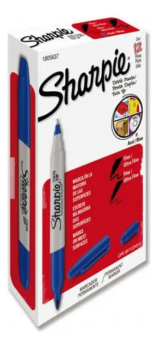 Marcador Permanente Sharpie Doble Punta Caja Con 12 Piezas Azul