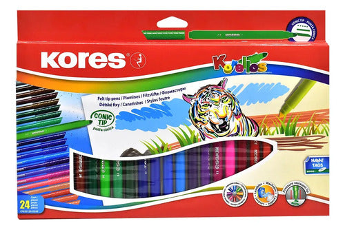 Plumones Lavables De Colores Kores X24 Piezas Punta Conica Brillantes