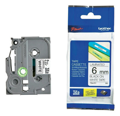 Cinta Brother Tze211 Negro En Blanco, 6mm X 8m Blanco