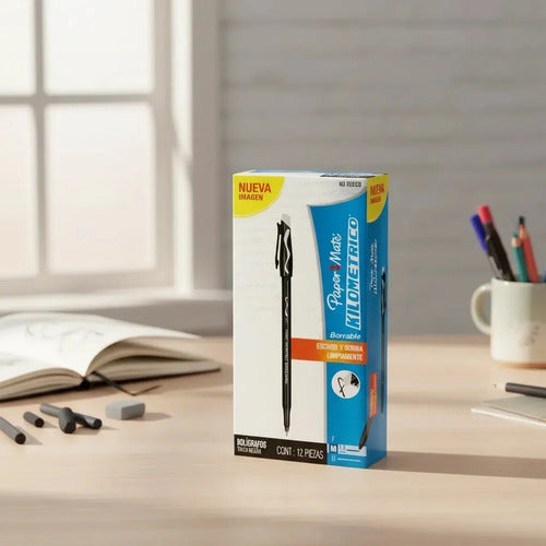 Bolígrafo Paper Mate Borrable Para Escritura Media, Pack De 12 En Tinta Negra Negro