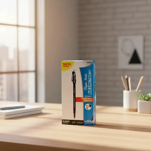 Bolígrafo Paper Mate Borrable Para Escritura Media, Pack De 12 En Tinta Negra Negro
