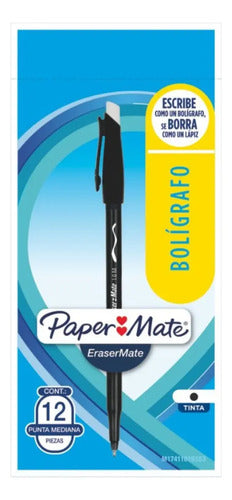 Bolígrafo Paper Mate Borrable Para Escritura Media, Pack De 12 En Tinta Negra Negro