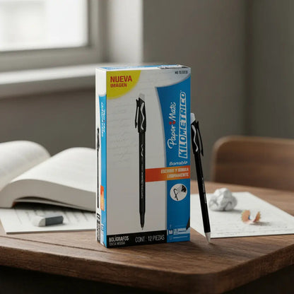 Bolígrafo Paper Mate Borrable Para Escritura Media, Pack De 12 En Tinta Negra Negro