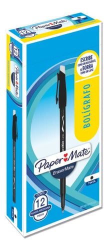 Bolígrafo Paper Mate Borrable Para Escritura Media, Pack De 12 En Tinta Negra Negro