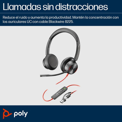 Poly Audífonos Blackwire 8225, Alámbrico, Usb 8x225aa Usb-c Negro