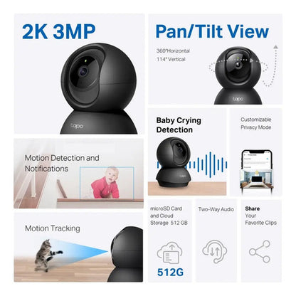 Cámara Wi-fi Vigilancia 360o Tp-link 3mp Tapo 2k, Negro Negro