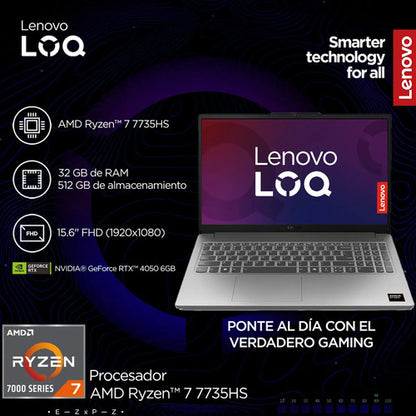 Laptop Lenovo Loq 15arp10e, 15.6  Fhd, 7 7735hs Rtx 4050 16g Gris