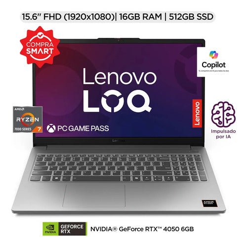 Laptop Lenovo Loq 15arp10e, 15.6  Fhd, 7 7735hs Rtx 4050 16g Gris