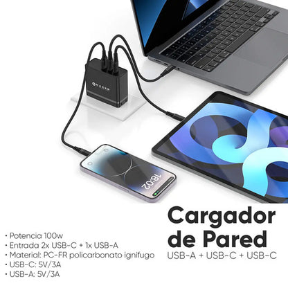 Naceb Cargador De Pared Na-0145 100w Gan | 3 Usb-a + 2 Usb-c Negro