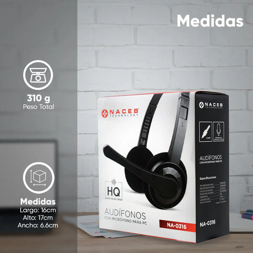 Naceb Tecnología Audífonos Micrófono Pc Alámbricos Sonido Hq Negro