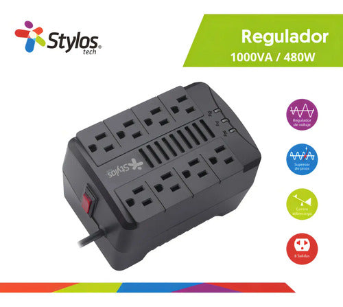 Regulador De Voltaje Stylos Stre480b 480w 1000va 8 Contactos Negro