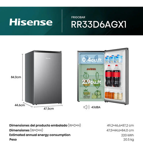 Hisense Frigobar Rr33d6agx1, 3.3 Pies Cúbicos, Plata Gris