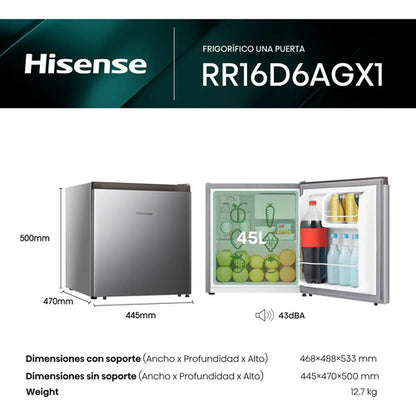 Hisense Frigobar Rr16d6agx1, 1.6 Pies Cúbicos, Plata Plateado