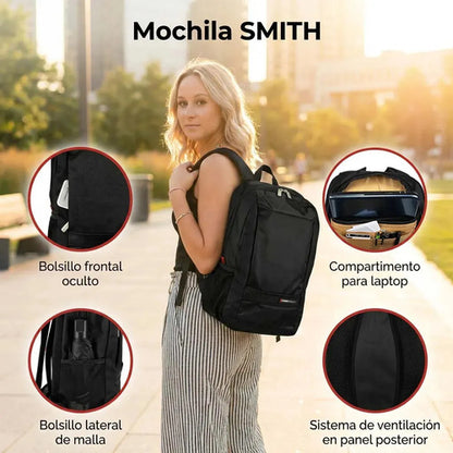 Mochila Urbana Smith Swissmobility Con Compartimento Para Laptop 15  Y Bolsillo Para Botella, Negro Liso