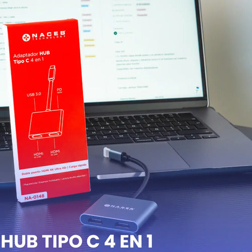 Hub Usb-c Naceb Tecnología 4 En 1 Con Hdmi 4k, Usb 3.0 Y Carga Pd 100w Gris