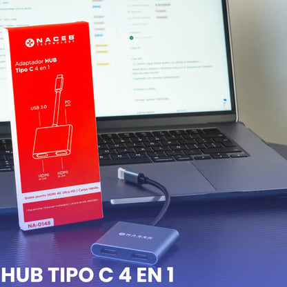 Hub Usb-c Naceb Tecnología 4 En 1 Con Hdmi 4k, Usb 3.0 Y Carga Pd 100w Gris