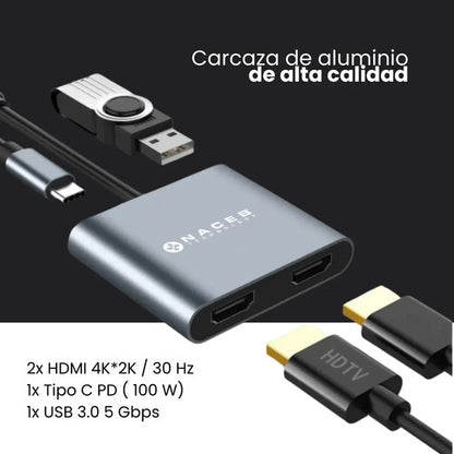 Hub Usb-c Naceb Tecnología 4 En 1 Con Hdmi 4k, Usb 3.0 Y Carga Pd 100w Gris