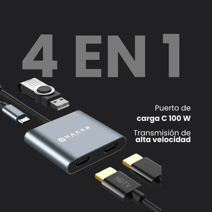 Hub Usb-c Naceb Tecnología 4 En 1 Con Hdmi 4k, Usb 3.0 Y Carga Pd 100w Gris