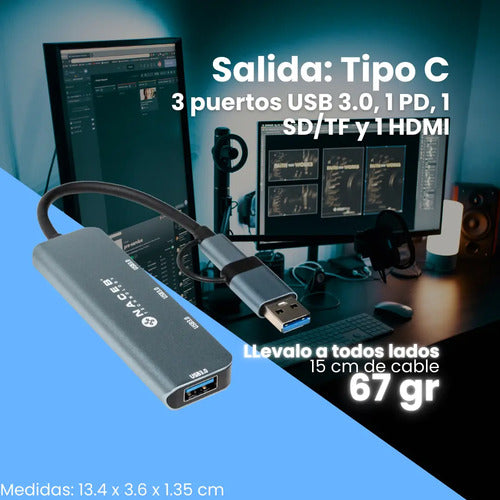 Naceb Adaptador Hub Ceb Na-0127 Usb-c - Hdmi Usb-a 3.1 Usb-c Gris