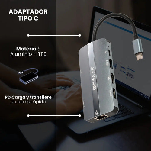 Hub Naceb Conecta Hasta 8 Dispositivos Na-0129 Conect Usb-c Gris