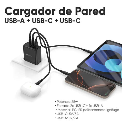 Naceb Cargador De Pared Na-0144 Gan Usb-c + Usb-a | Carg Rap Negro