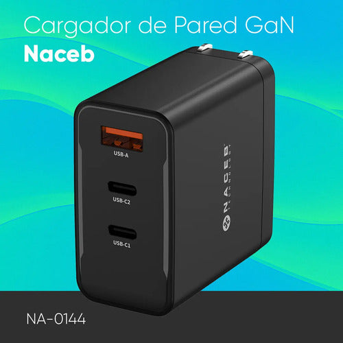 Naceb Cargador De Pared Na-0144 Gan Usb-c + Usb-a | Carg Rap Negro