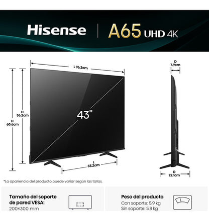 Hisense Smart Tv Led 43a65nv 43 , 4k Ultra Hd, Negro
