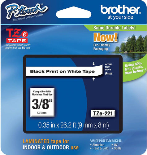 Cinta Brother Tze-221 P-touch 9mm X 8m Blanca Texto Negro Color Blanco