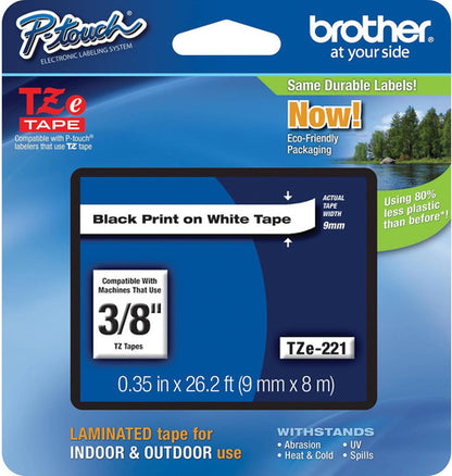 Cinta Brother Tze-221 P-touch 9mm X 8m Blanca Texto Negro Color Blanco