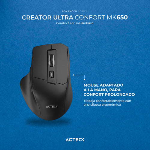 Combo 2en1 Inalambrico Actek Mk650 Ergonomico 2.4mhz 1600dpi Mouse Blanco Teclado Blanco