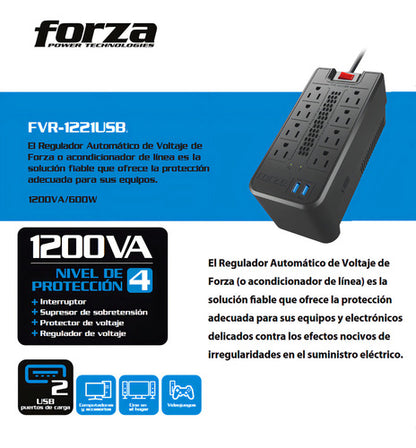 Regulador Forza Power Technologies Fvr-1221usb, 600w, 1.200v