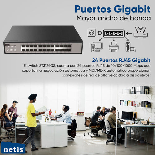 Switch Netis Gigabit Ethernet St3124gs, 24 Puertos 16.000