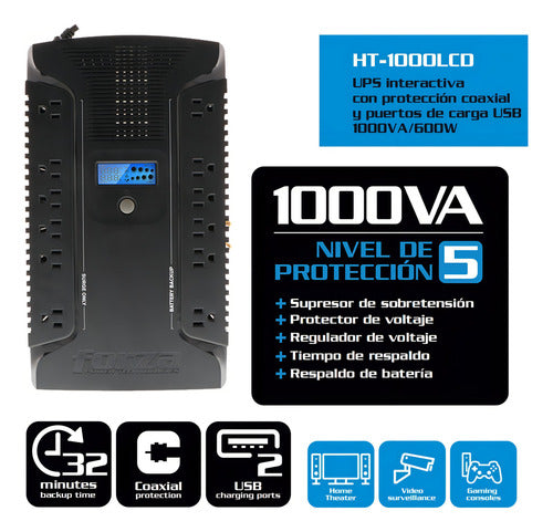 Ups Interact Forza Ht-1000lcd 1000va/500w 12tomas 2usb Coax