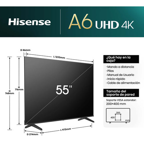 Hisense Smart Tv Led 50a6n 55 , 4k Ultra Hd Negro 3840x2160