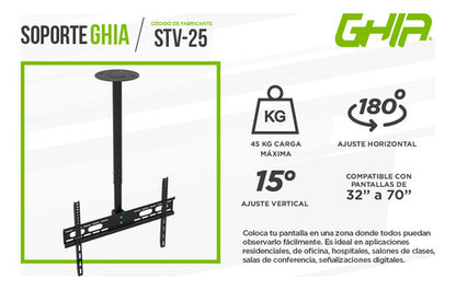 Ghia Soporte De Techo Stv-25 Para Pantalla 32-70  45kg Negro