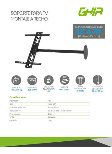 Ghia Soporte De Techo Stv-25 Para Pantalla 32-70  45kg Negro