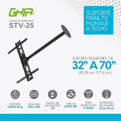 Ghia Soporte De Techo Stv-25 Para Pantalla 32-70  45kg Negro